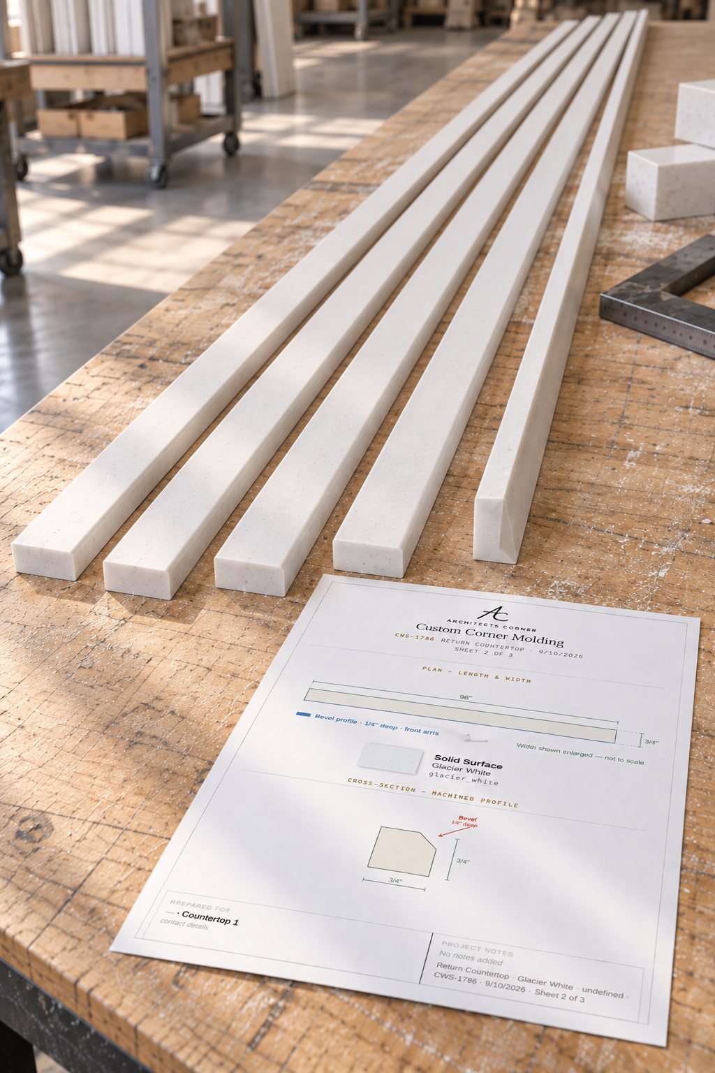 Five identical 96-inch lengths of Glacier White solid-surface corner molding laid side by side on a maple assembly bench, with sheet 2 of their spec set alongside.