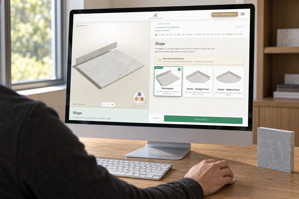 The configurator open on a desktop screen at the shape step, with a live 3D drawing of the top