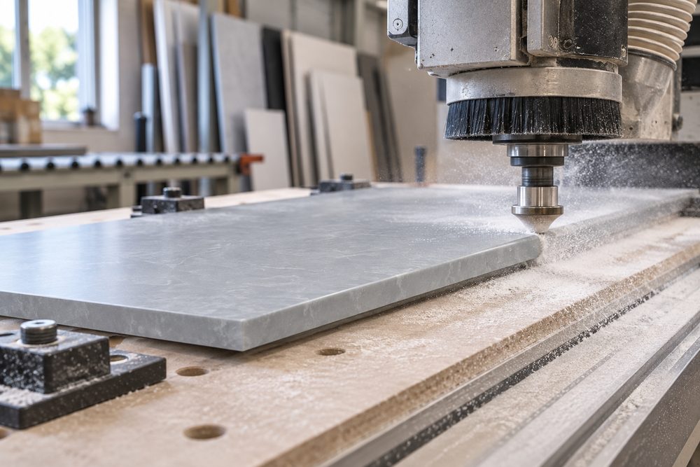 A CNC router machining the profiled front edge of a solid surface top