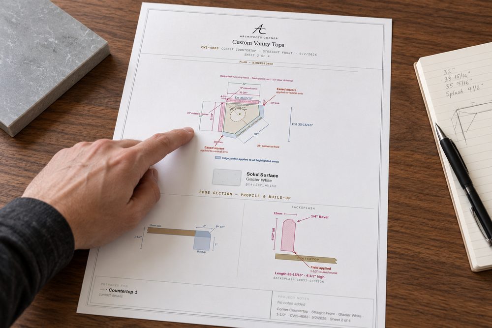 A dimensioned spec sheet on a desk, a hand pointing at one of the dimensions