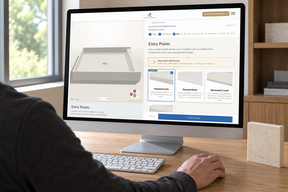 The configurator open on a desktop screen at the shape step, with a live 3D drawing of the top