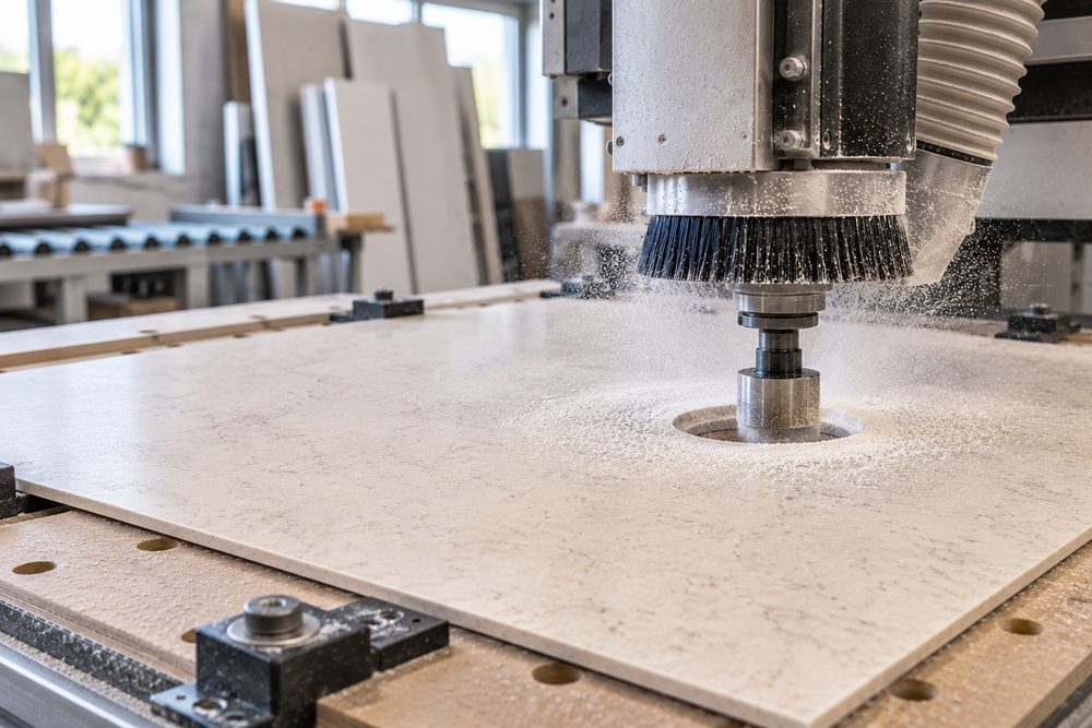 A CNC router machining the profiled front edge of a solid surface top