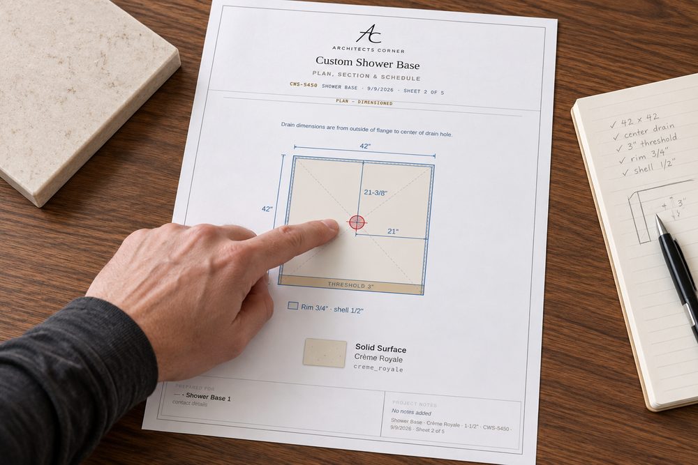 A dimensioned spec sheet on a desk, a hand pointing at one of the dimensions