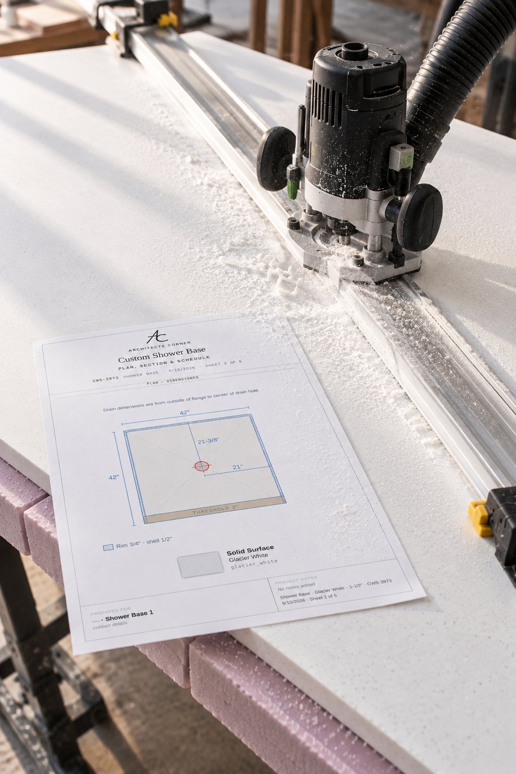 A plunge router tracking a clamped guide rail mid-cut through a half-inch sheet of Glacier White solid surface on a foam bed, with sheet 2 of a Custom Shower Base spec set lying on the stock alongside.