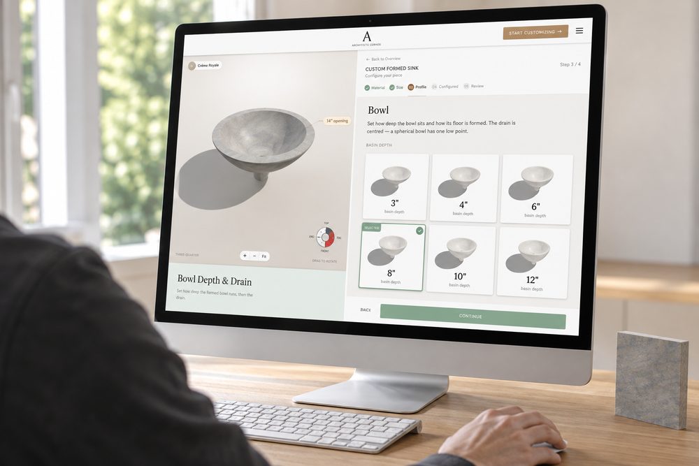 The configurator open on a desktop screen at the shape step, with a live 3D drawing of the top