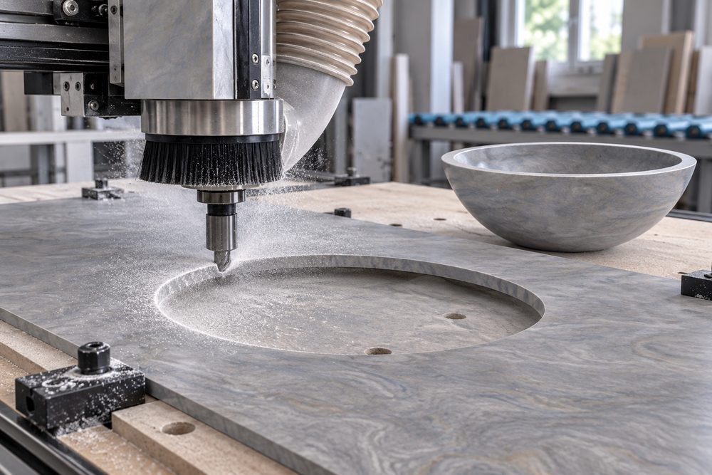 A CNC router machining the profiled front edge of a solid surface top