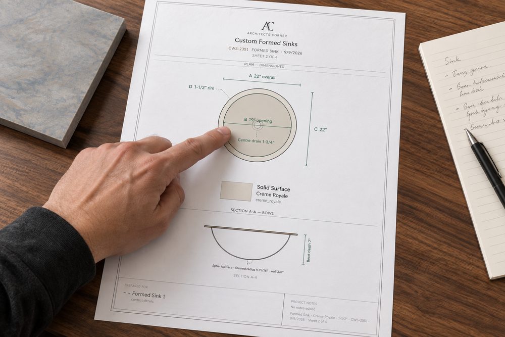 A dimensioned spec sheet on a desk, a hand pointing at one of the dimensions