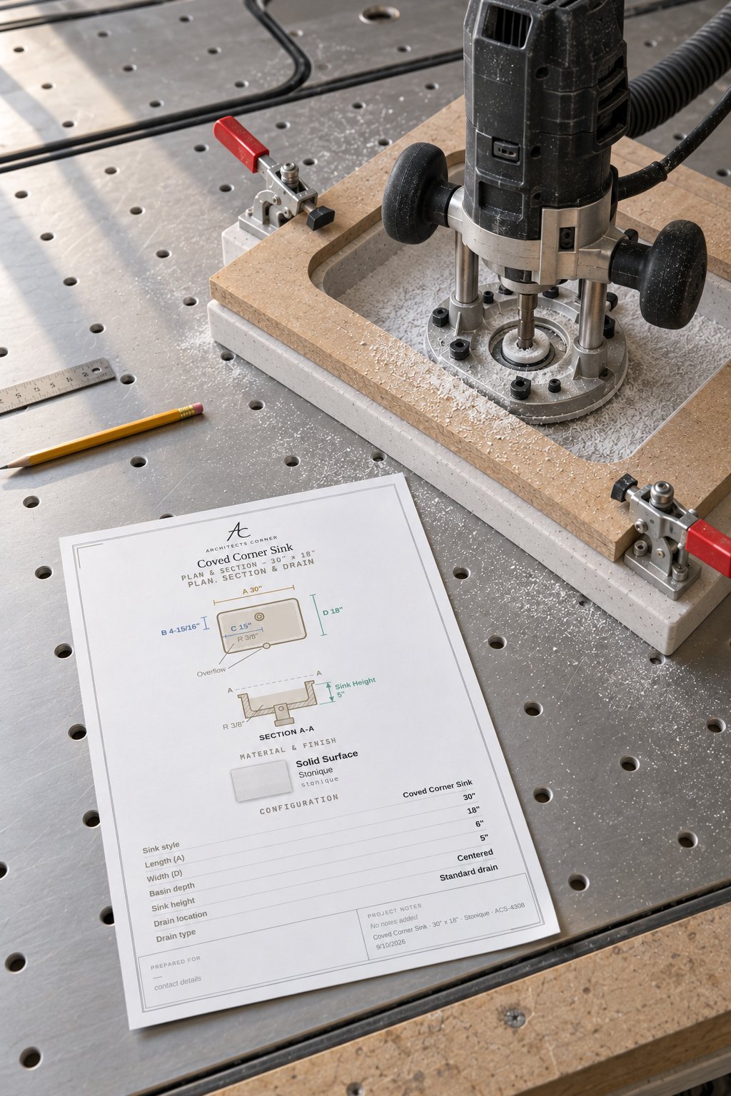 A Custom Sinks spec sheet for a 30″ × 18″ coved corner basin in Stonique, lying on a vacuum air table beside a plunge router seated in an MDF sink-cutout template clamped over solid surface.