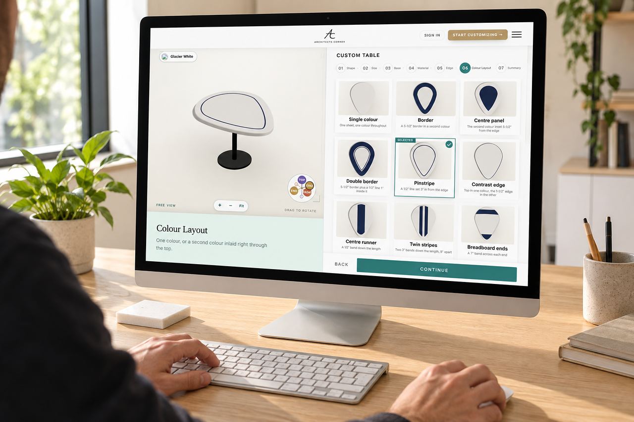 The configurator open on a desktop screen at the shape step, with a live 3D drawing of the top