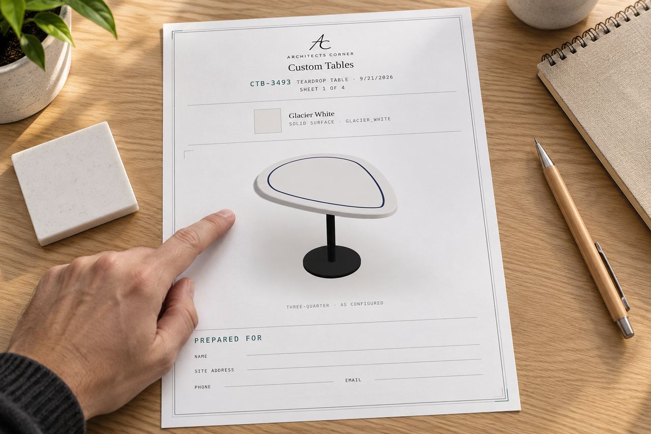 A dimensioned spec sheet on a desk, a hand pointing at one of the dimensions