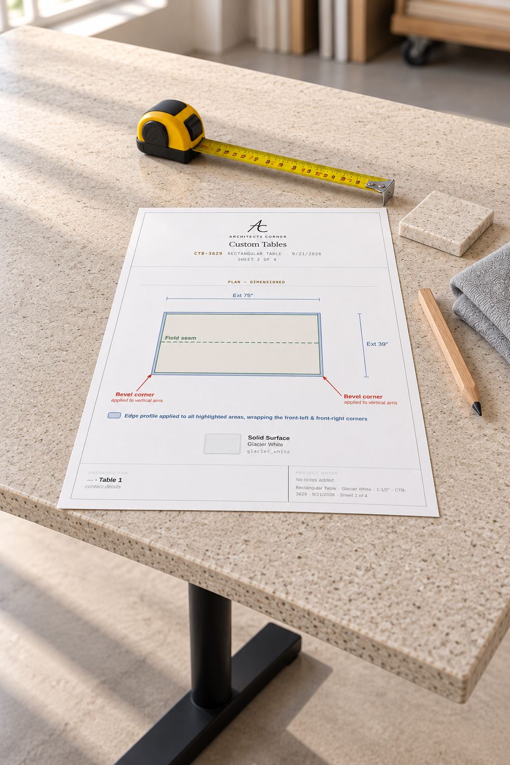 Sheet 2 of a Custom Tables spec set lying on the finished Glacier White top it describes, beside a roll of painter’s tape and a tub of color-matched seam adhesive, with the backsplash running away behind.