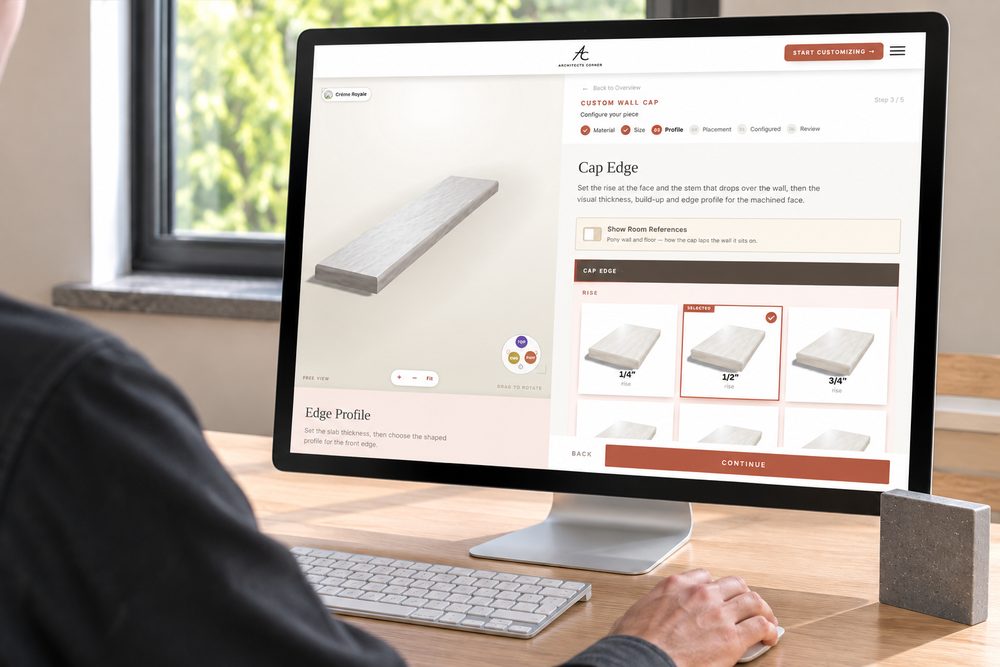 The configurator open on a desktop screen at the shape step, with a live 3D drawing of the top