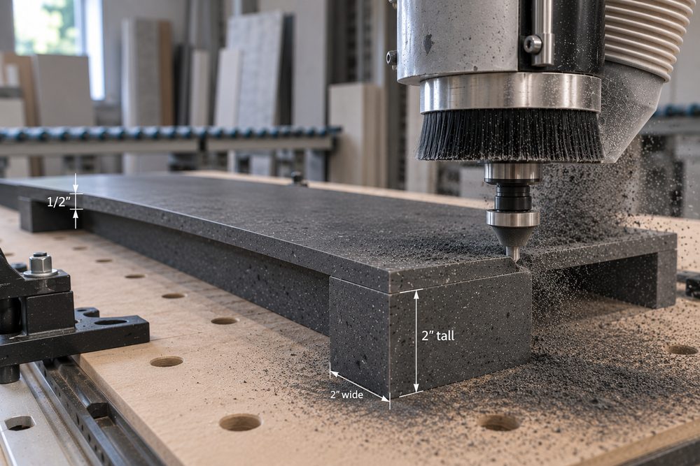 A CNC router machining the profiled front edge of a solid surface top