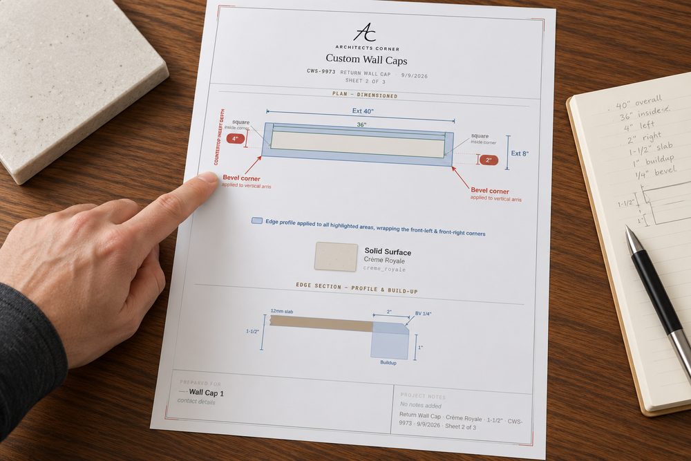 A dimensioned spec sheet on a desk, a hand pointing at one of the dimensions