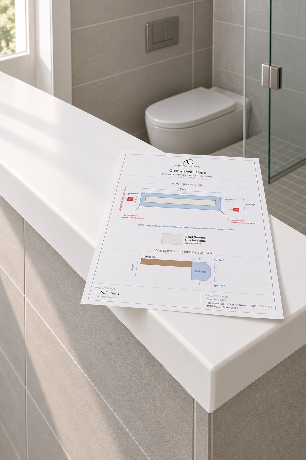Sheet 2 of a Custom Wall Caps spec set lying on a finished Glacier White solid-surface cap over a tiled bathroom half-wall, the cap's bevelled drop edge running away down the wall.