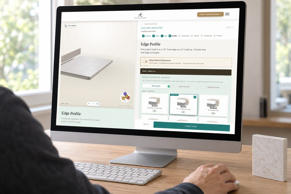 The configurator open on a desktop screen at the shape step, with a live 3D drawing of the top