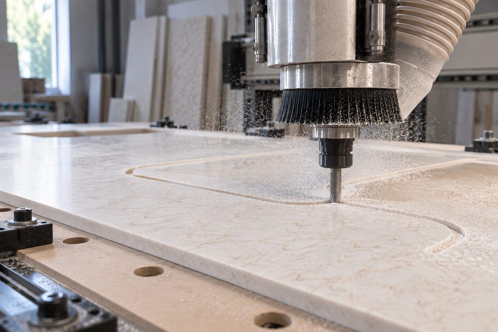 A CNC router machining the profiled front edge of a solid surface top