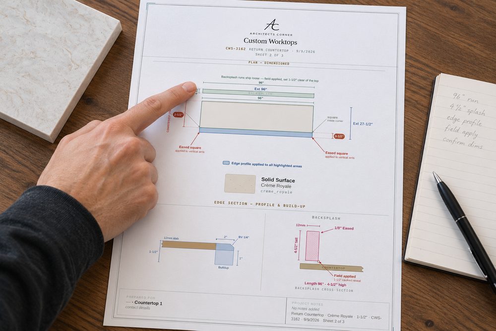 A dimensioned spec sheet on a desk, a hand pointing at one of the dimensions