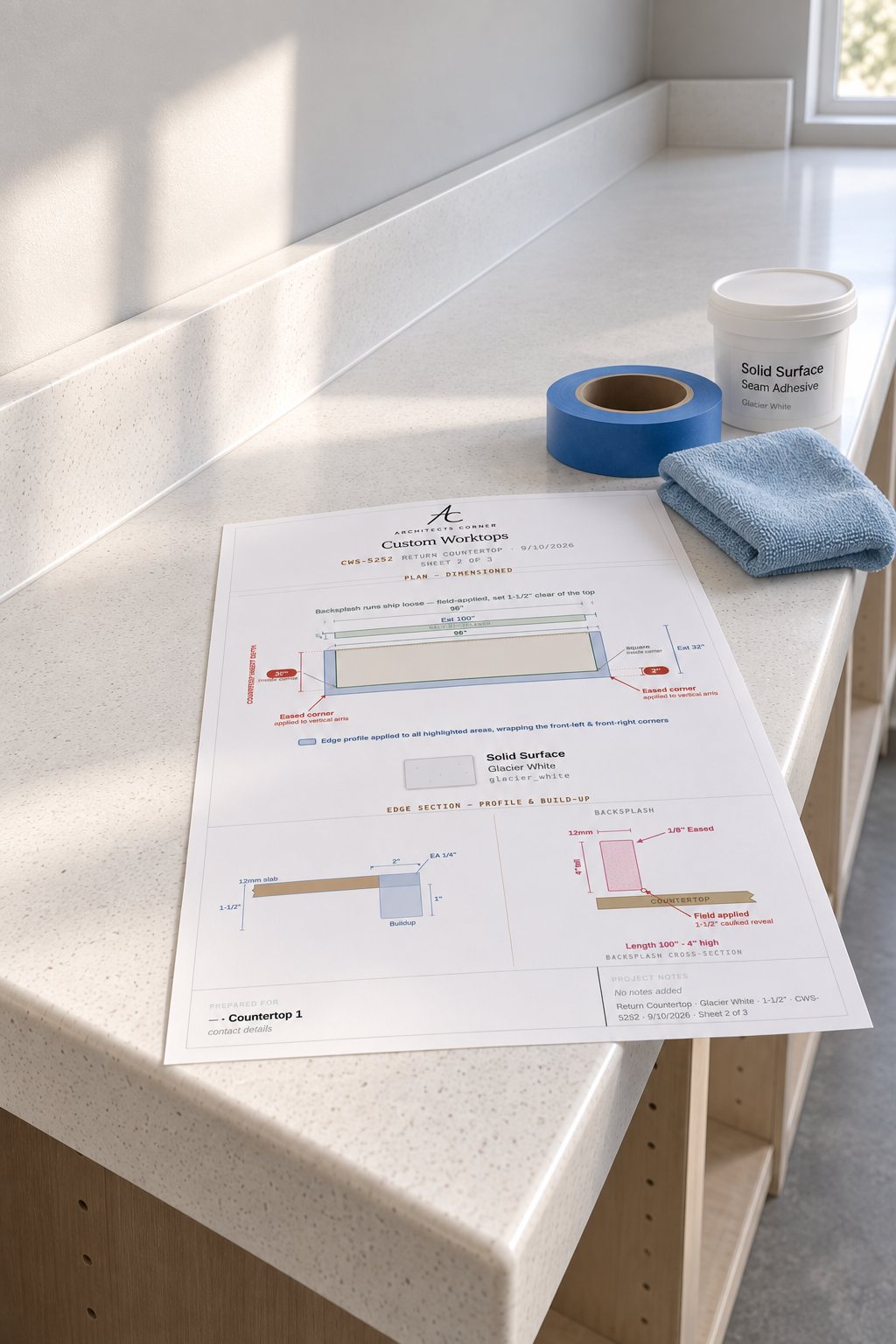 Sheet 2 of a Custom Worktops spec set lying on the finished Glacier White worktop it describes, beside a roll of painter’s tape and a tub of color-matched seam adhesive, with the backsplash running away behind.