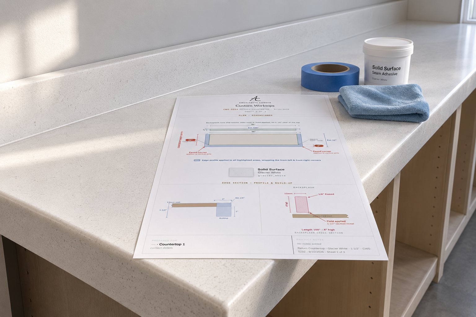 A finished Corian® worktop with its dimensioned spec sheet lying on it