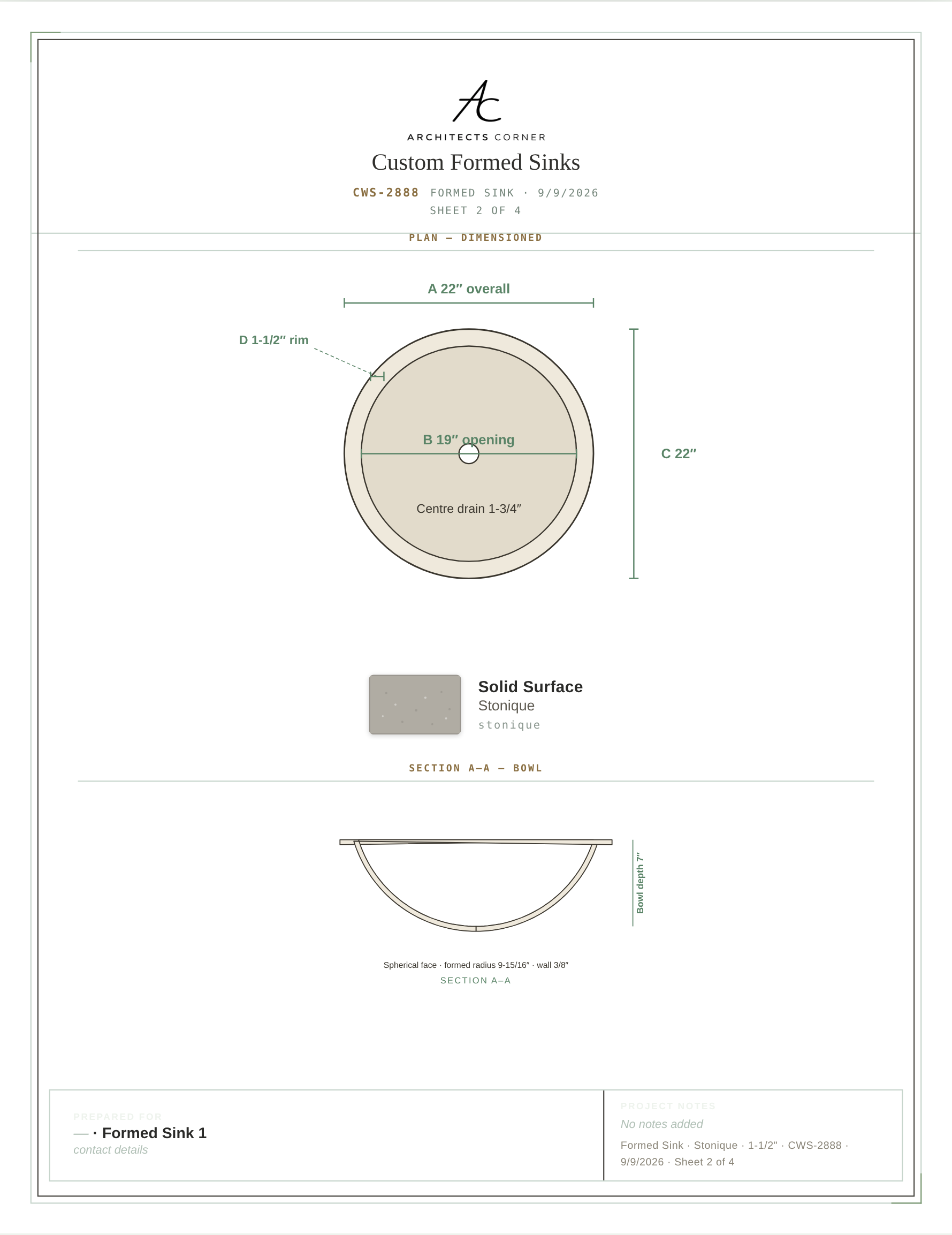 Fabrication spec sheet: dimensioned plan and bowl section of a Corian® formed sink