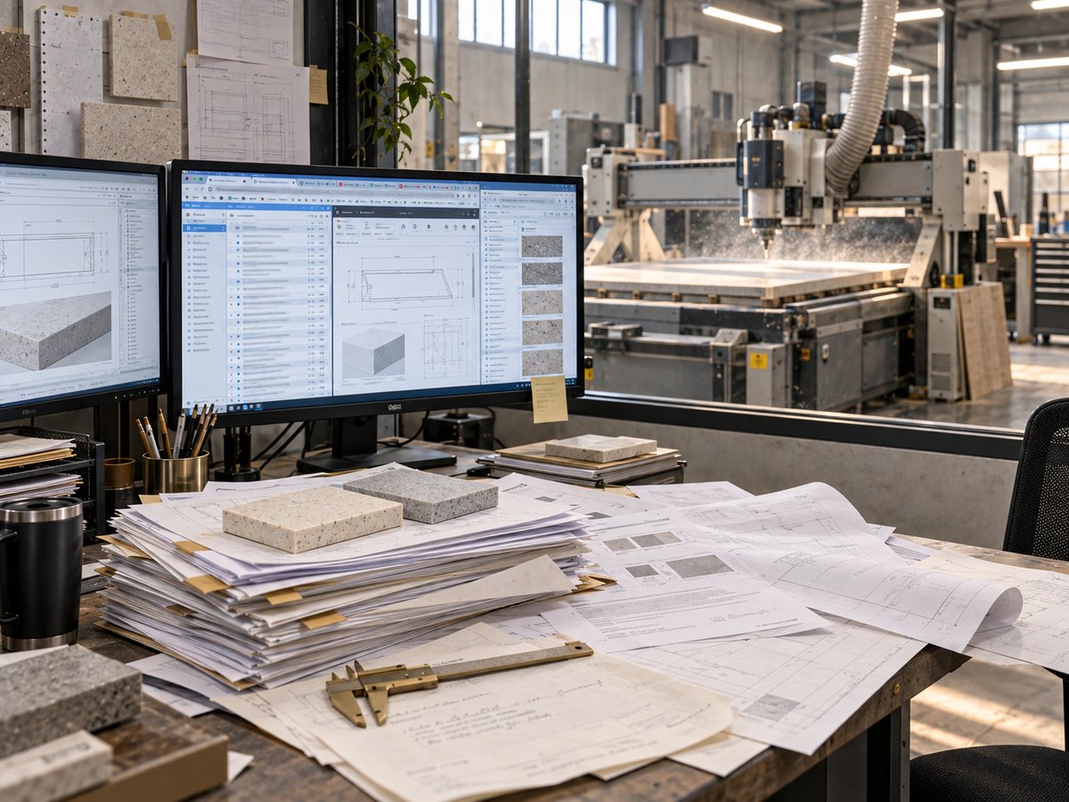 A shop office table covered in drawings and printed email threads, a monitor full of open tabs, and a CNC router running behind the glass
