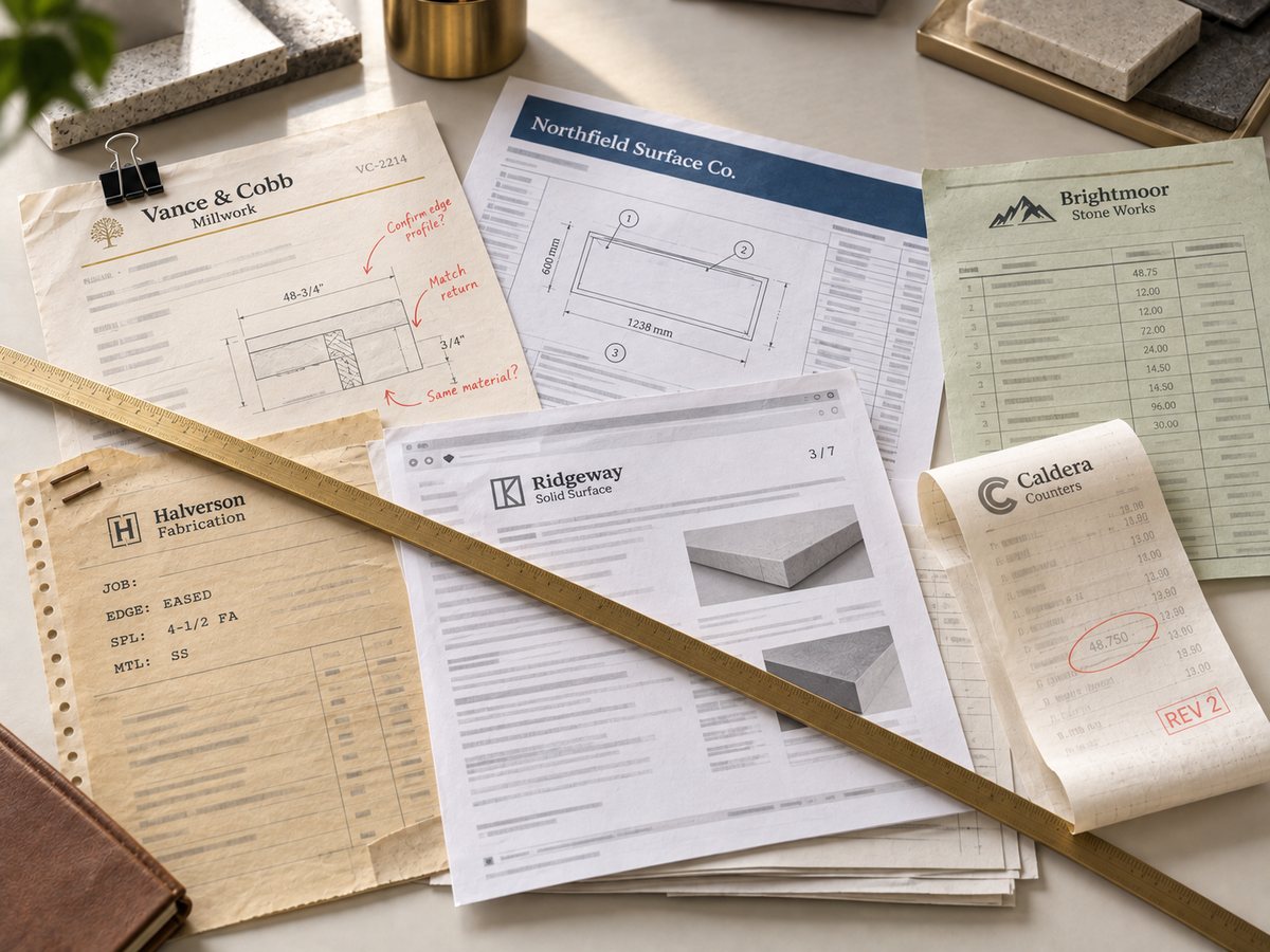 Six quotes from six fabrication shops, each in a different format, fanned across a desk with a brass straightedge lying over them