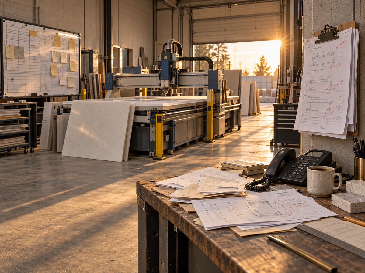 An idle CNC router at the end of the day, with a desk of marked-up revisions and an off-hook phone in the foreground