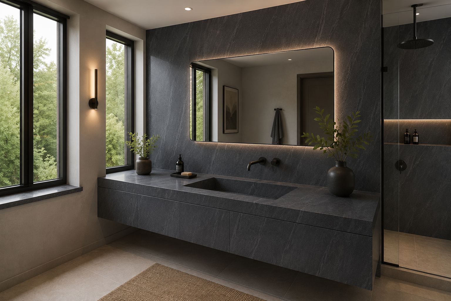 Made-to-measure dark stone vanity top with an integrated sink