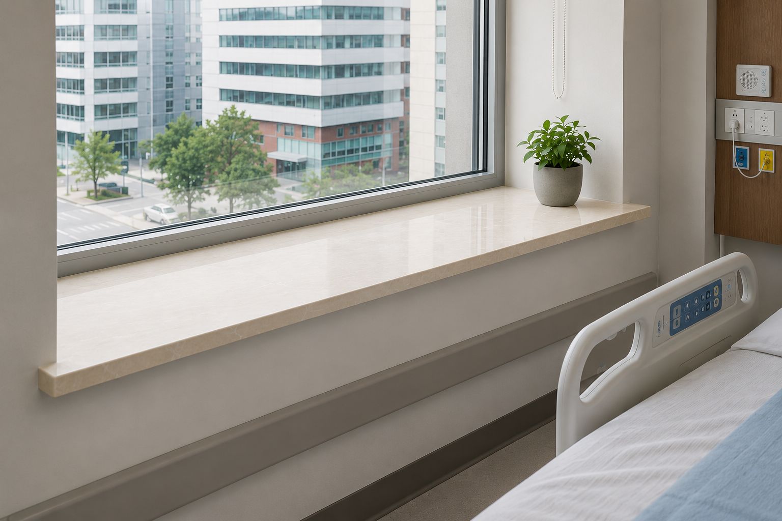 Custom stone window sill in a hospital patient room