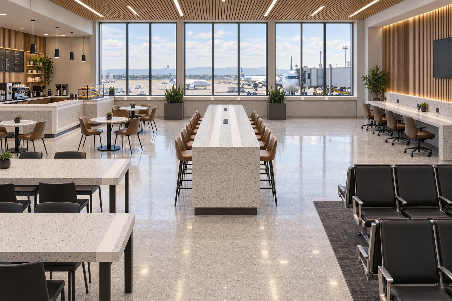 Airport gate lounge with Silver Birch solid-surface counters, a charging island, communal and café tables and window sills, each with its own white inlay pattern
