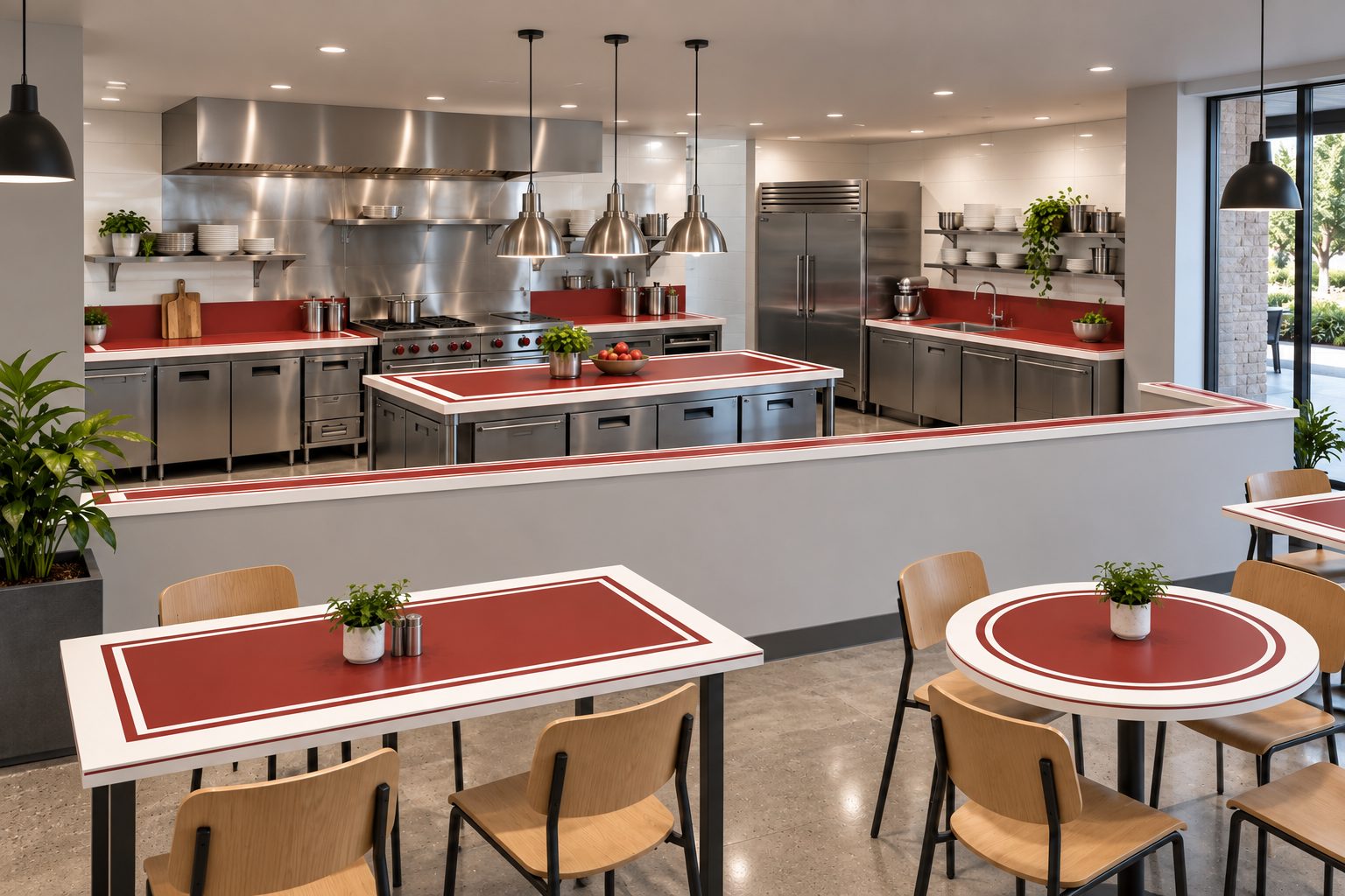 Commercial kitchen and lobby with red solid-surface worktops, pony-wall caps and dining tables, each with a white double-border inlay