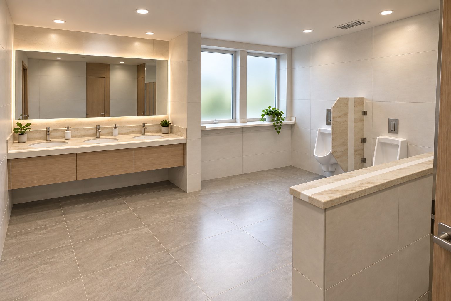 Commercial washroom with a Witch Hazel solid-surface vanity top with three sinks and three backsplashes, a window sill, a shield-shaped urinal partition and a capped pony wall, each with a white inlay
