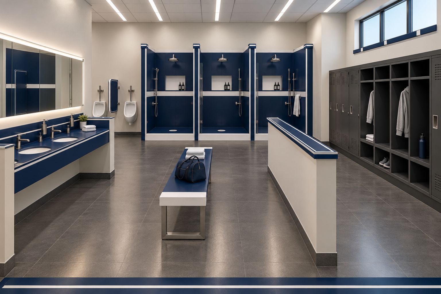 A sports locker room fitted out in Laguna blue solid surface with white inlays: a three-sink vanity top, a urinal partition, three shower stalls with wall panels, a bench, a capped pony wall and clerestory window sills