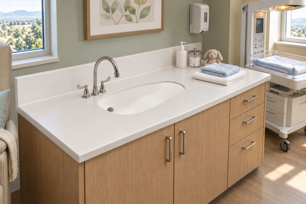 Corian® solid surface birthing suite bathing countertops — nursery bathing stations for healthcare spaces