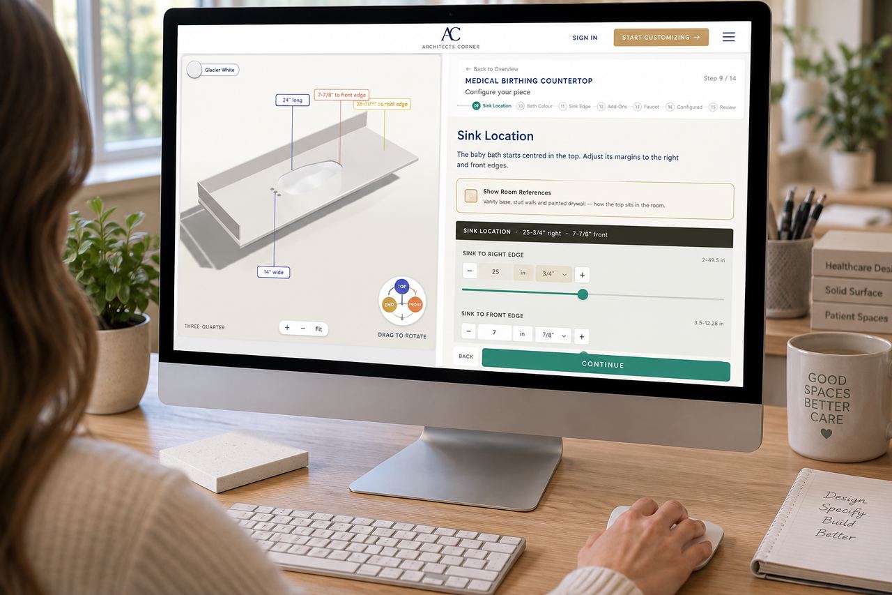The configurator open on a desktop screen at the shape step, with a live 3D drawing of the top