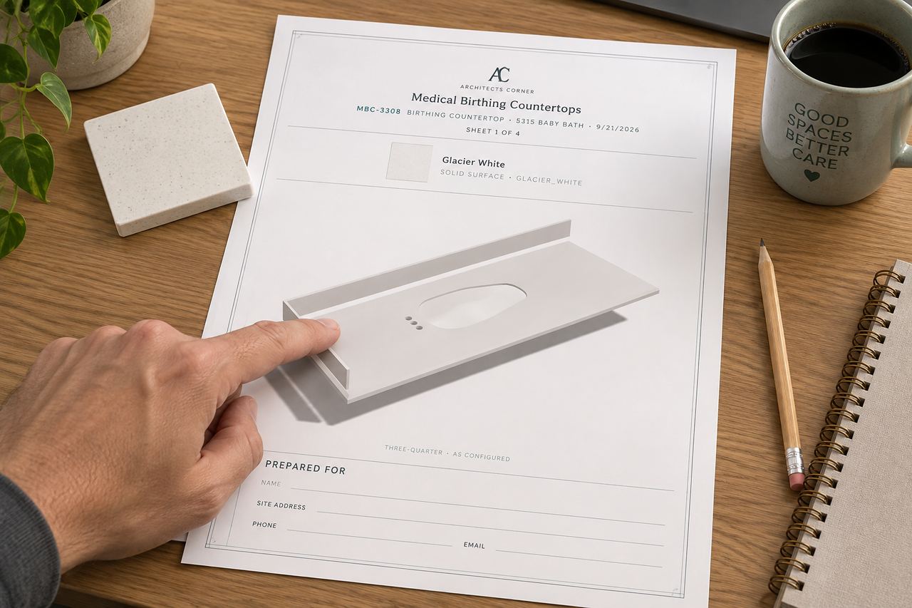 A dimensioned spec sheet on a desk, a hand pointing at one of the dimensions