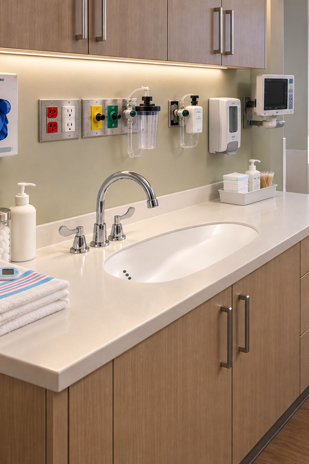 A Medical Birthing Countertop with its integrated Corian® 5315 Baby Bath and gooseneck faucet on the wet wall of a birthing suite, beside the bed and bassinet