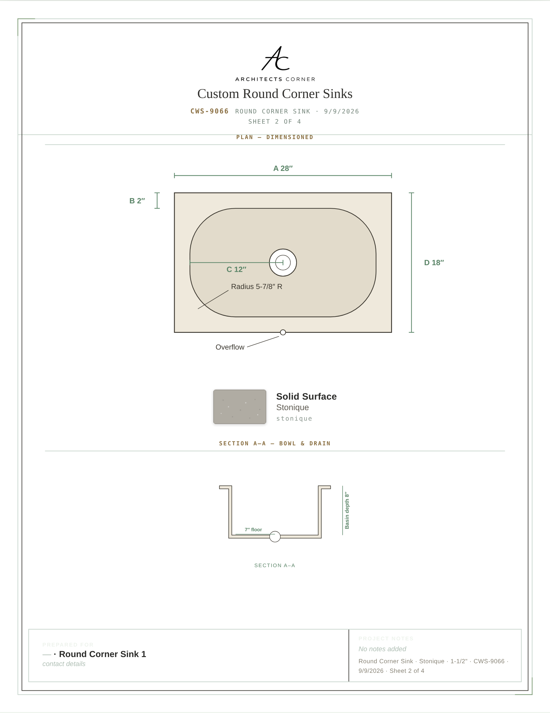 Fabrication spec sheet: dimensioned plan and bowl section of a Corian® round corner sink