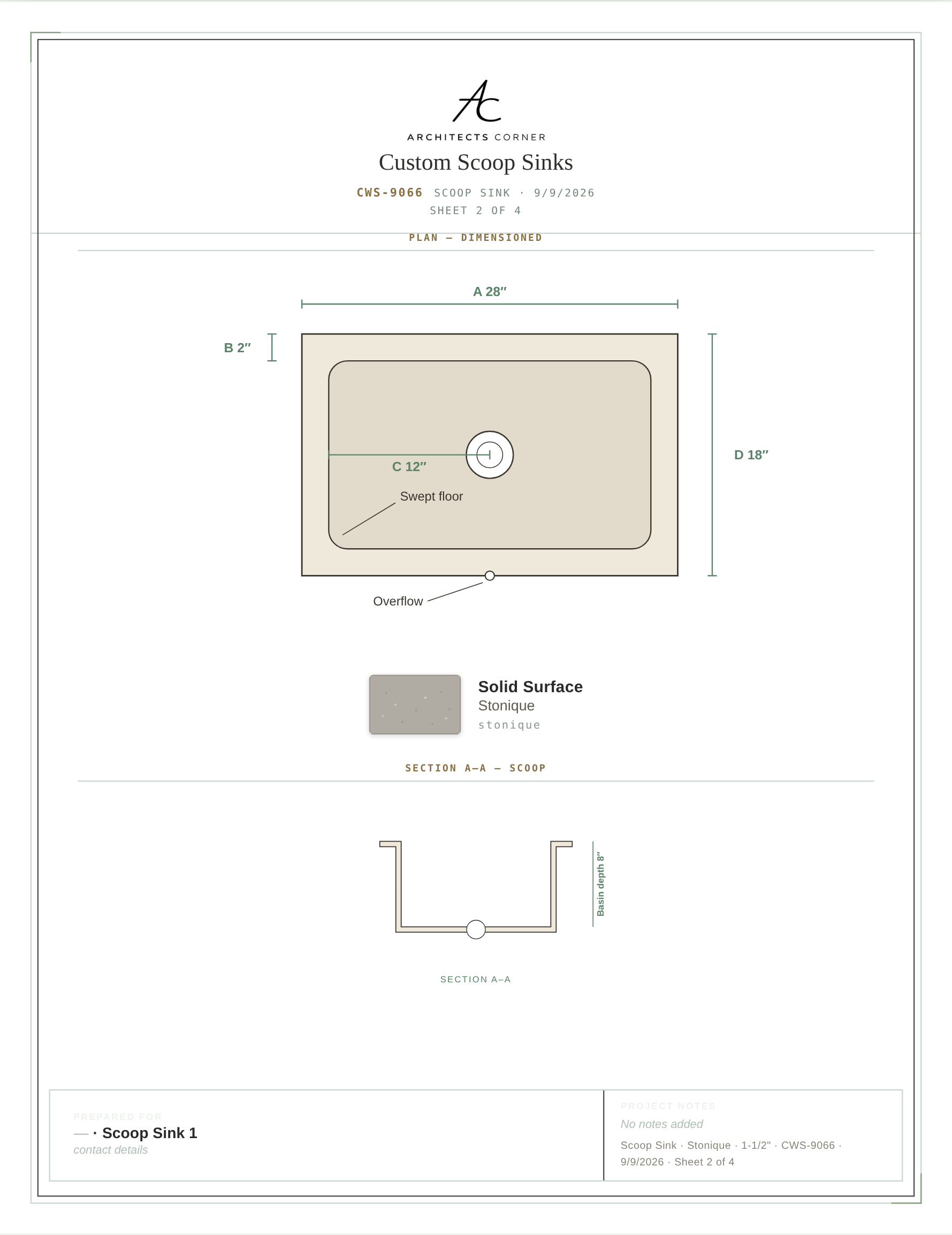 Fabrication spec sheet: dimensioned plan and bowl section of a Corian® scoop sink
