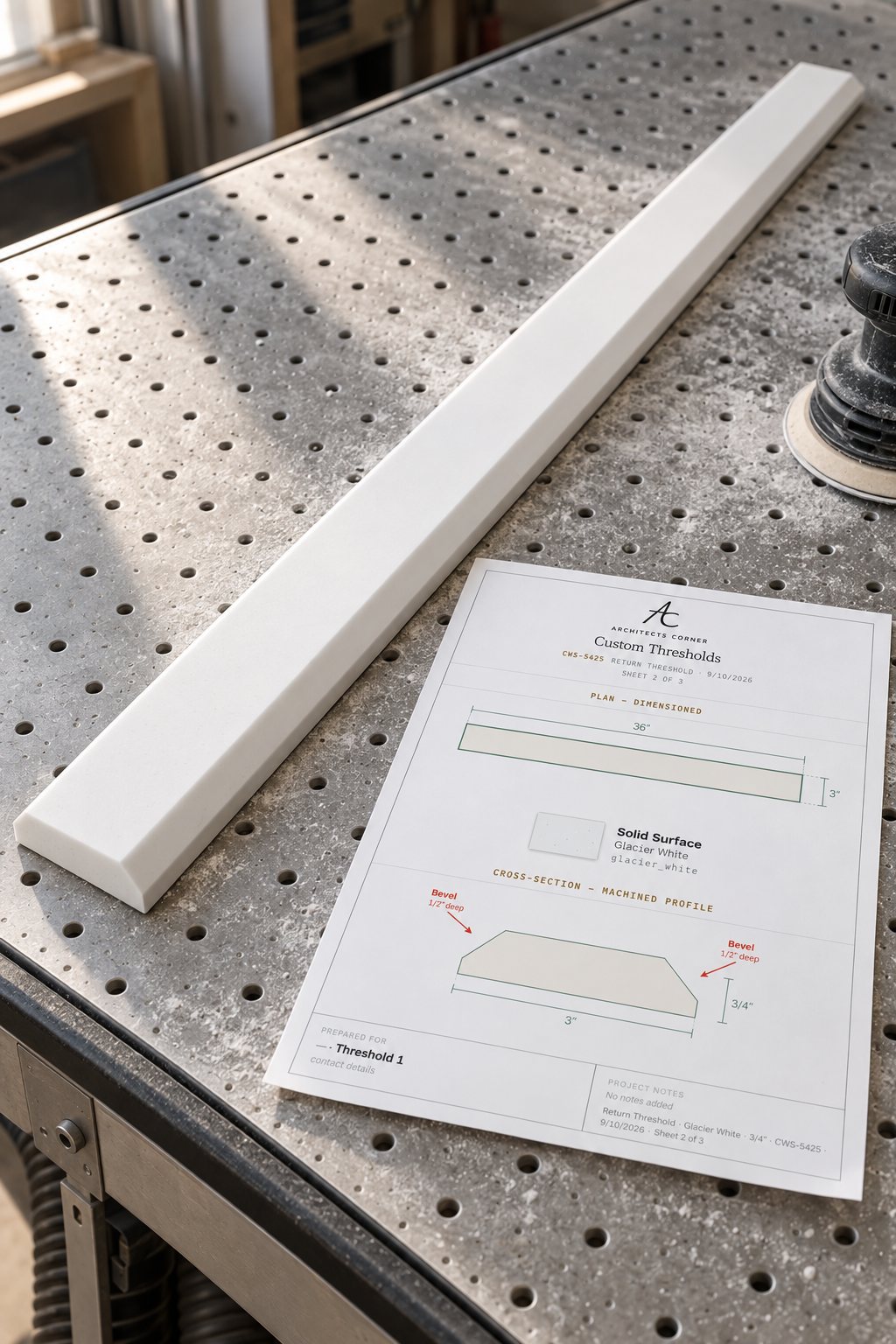 A finished 36-inch Glacier White solid-surface threshold on a downdraft sanding table, its bevelled long edges catching the light, with sheet 2 of its spec set lying alongside.