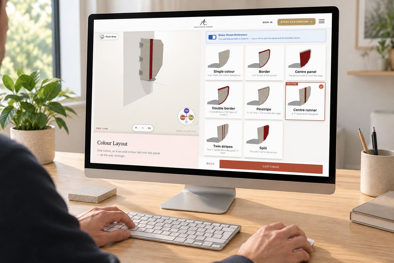 The configurator open on a desktop screen at the shape step, with a live 3D drawing of the top