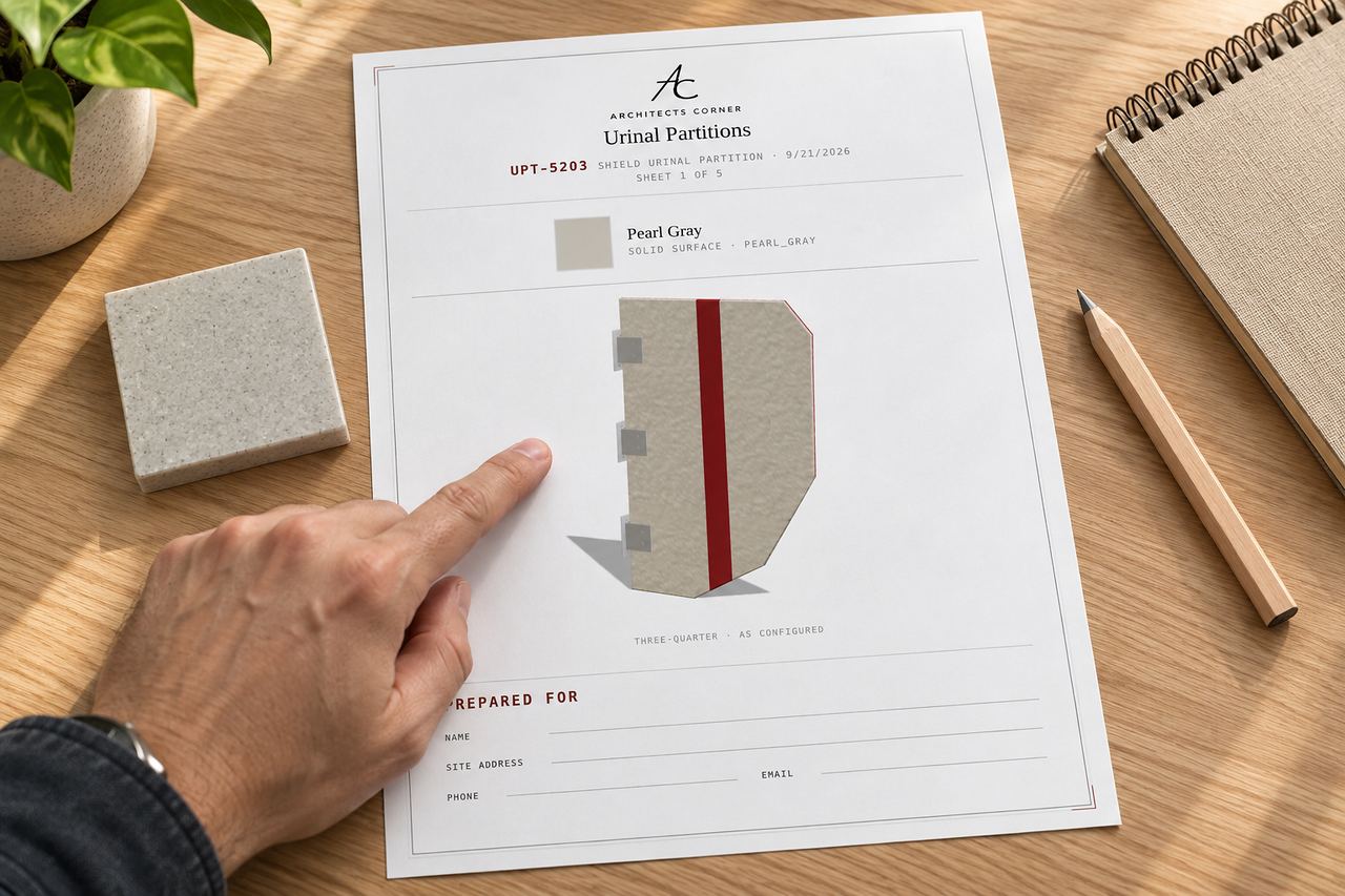 A dimensioned spec sheet on a desk, a hand pointing at one of the dimensions