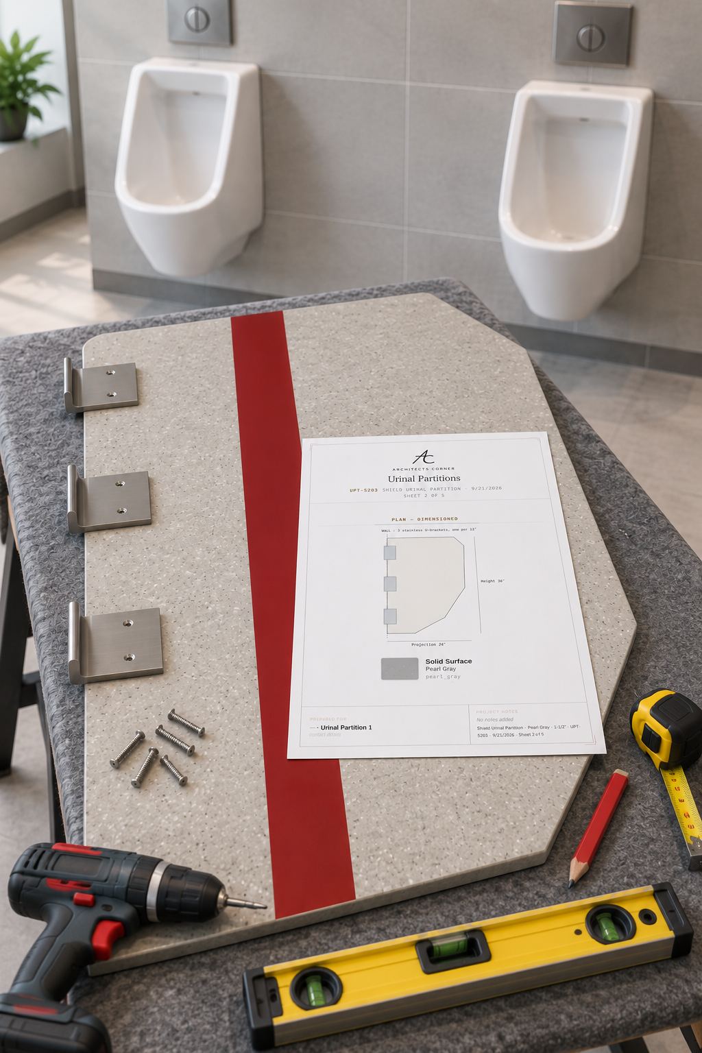 A shield urinal partition in Pearl Gray with a red inlaid runner lying on an installer's bench, its dimensioned spec sheet and three stainless U-brackets laid on it, with the urinals it goes between behind