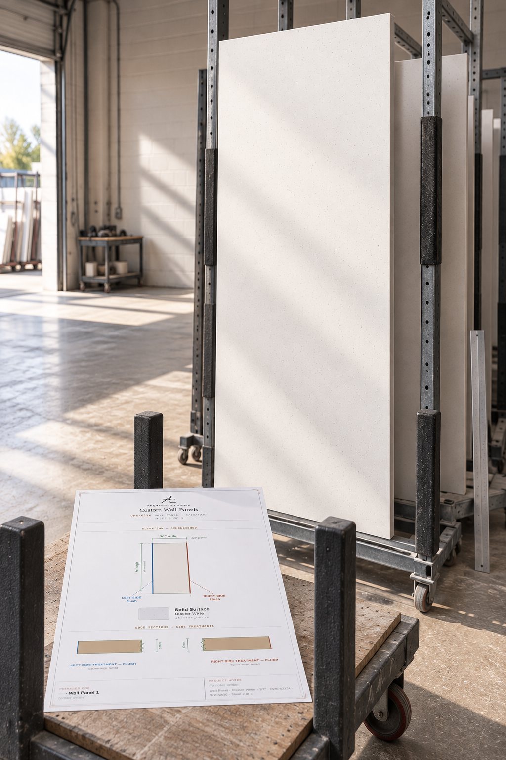 A finished 96-inch Glacier White solid-surface wall panel standing in a vertical shop rack, with sheet 2 of its spec set lying on a panel cart in the foreground.