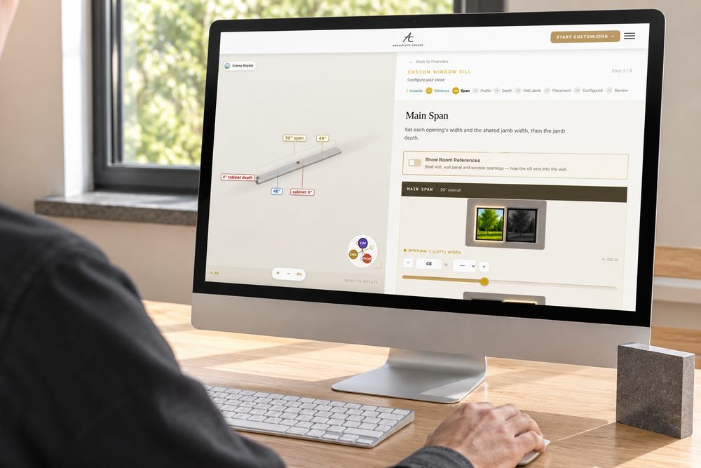 The window sill configurator open on a desktop screen at the main span step, with a live drawing of the sill