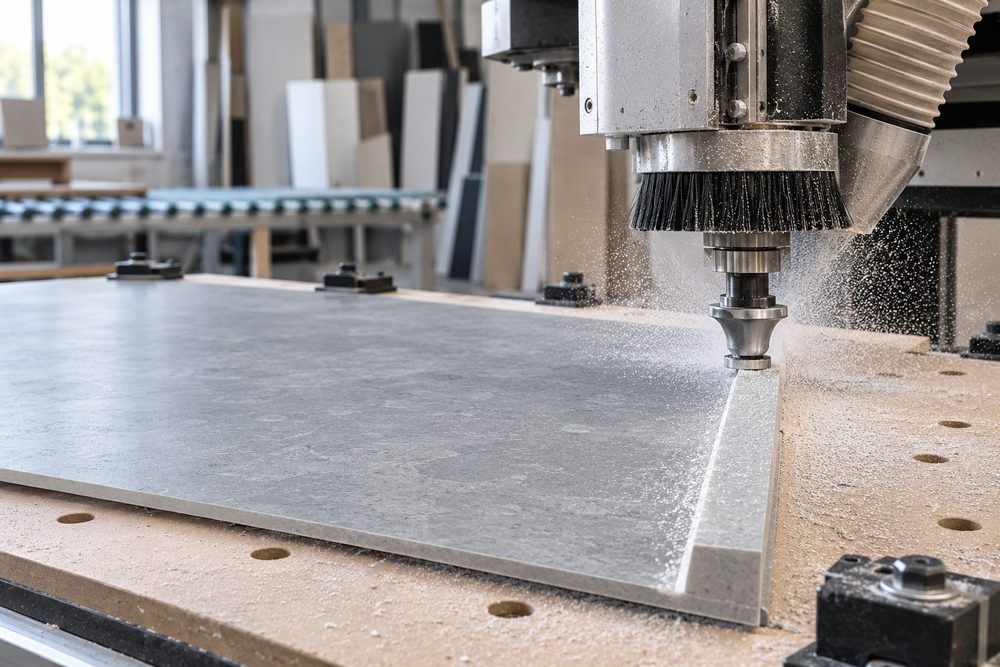 A CNC router running a profiled edge along a long solid surface window sill blank