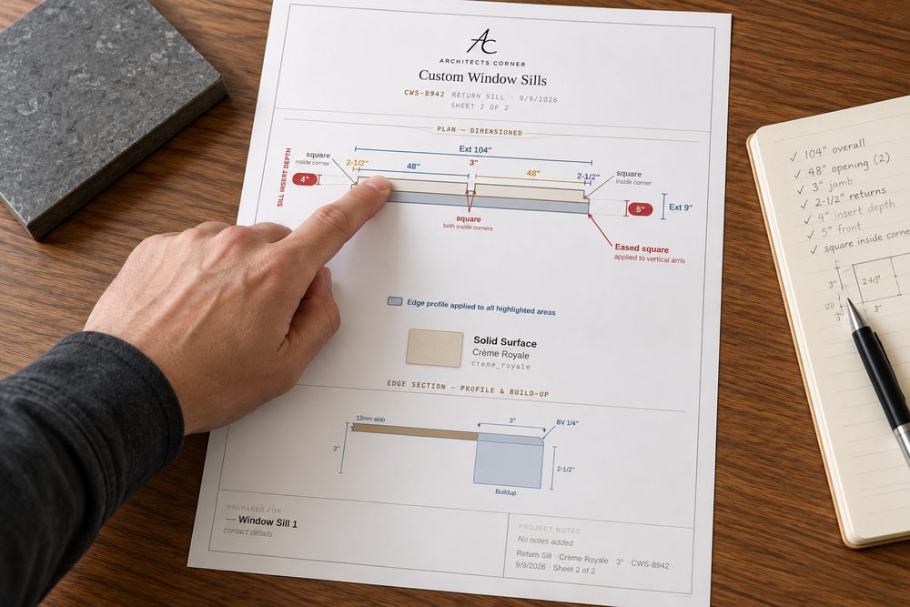 A dimensioned window sill spec sheet on a desk, a hand pointing at one of the opening widths