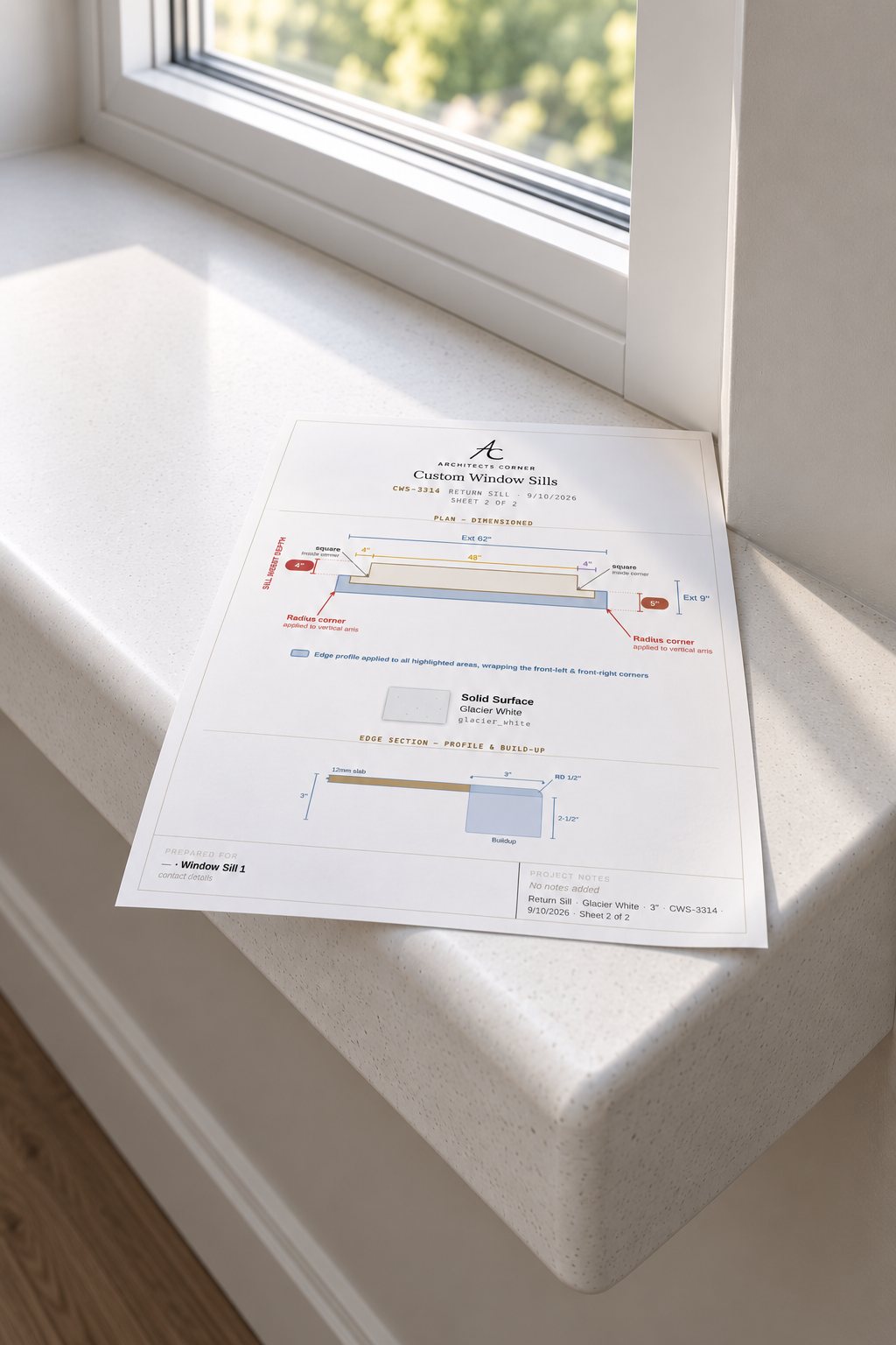 Sheet 2 of a Custom Window Sills spec set lying on a finished Glacier White solid-surface sill, the rounded-over nose and its return running away toward the jamb.